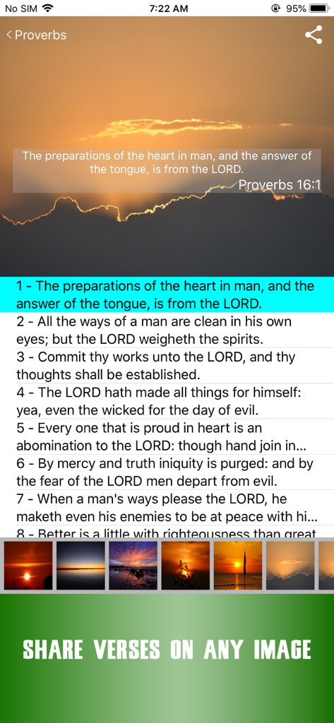 John Gill Expositions Bible - Screen showing a Bible verse from Proverbs overlaid on a sunset background with options to share verses on images.