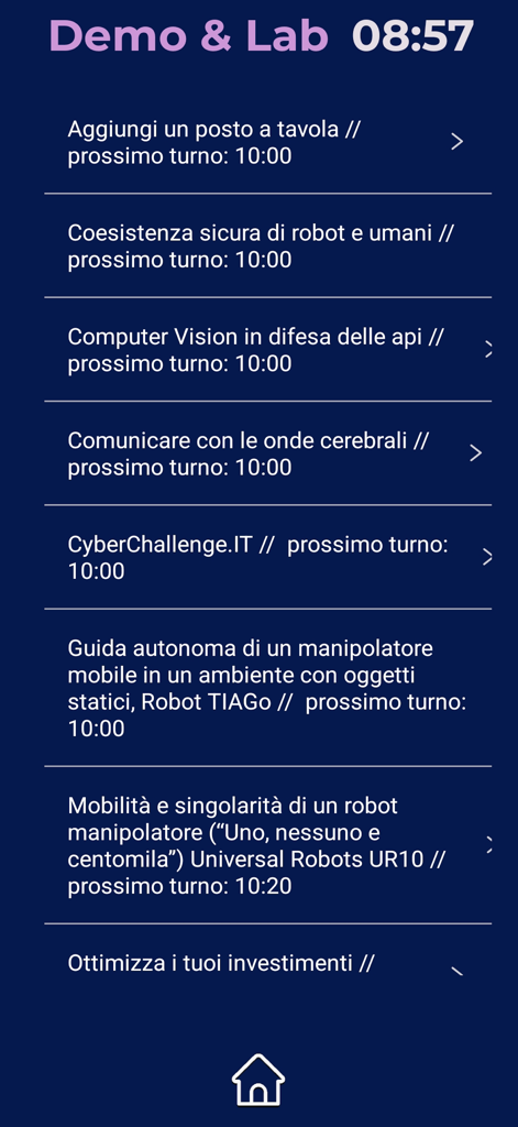 Lista de próximas demostraciones de laboratorios de robótica e ingeniería en la aplicación del Día Abierto DIAG.