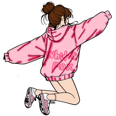 realistic girl jumping with a bun and oversized sweatshirt