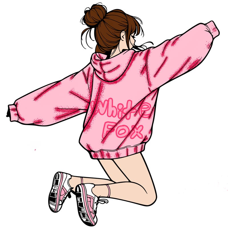 realistic girl jumping with a bun and oversized sweatshirt
