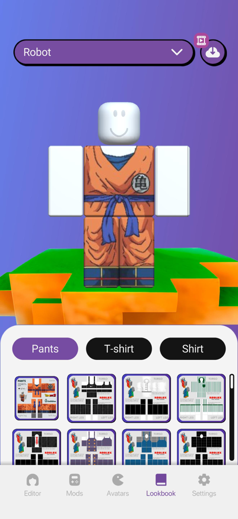 Mods & Skins Studio for Roblox - Una vista previa de skin de avatar 3D en el editor de lookbook de Roblox mostrando plantillas de ropa y opciones de personalización.