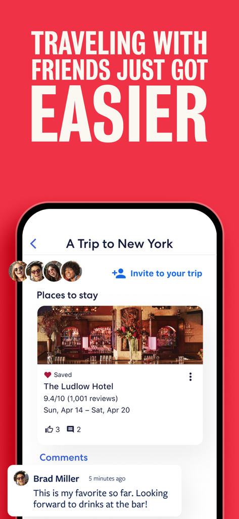 Interface de l'application Hotels.com montrant les fonctionnalités de planification de voyage de groupe pour des vacances à New York avec des hôtels enregistrés et des commentaires d'amis