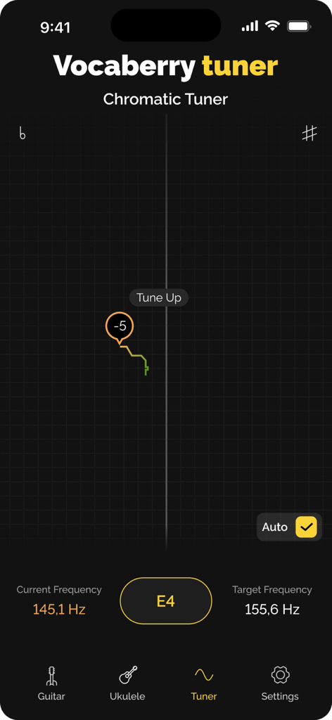 Vocaberry Tuner - Interfaz cromática de Vocaberry Tuner mostrando frecuencia de tono y detección de notas
