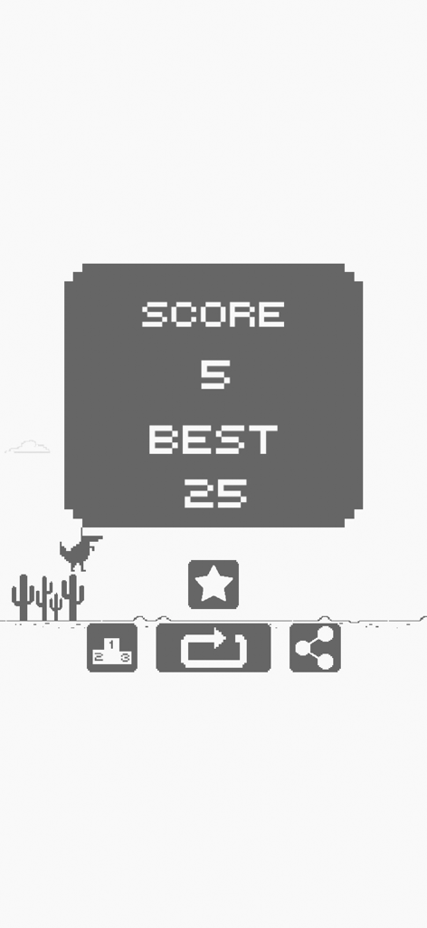 Chrome Dino Run - ピクセル化された恐竜とベストスコア統計を表示するChrome Dino Runのスコアメニュー