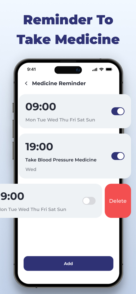 Smart Blood Pressure Monitor - Medicine reminder screen showing daily medication schedules and alerts