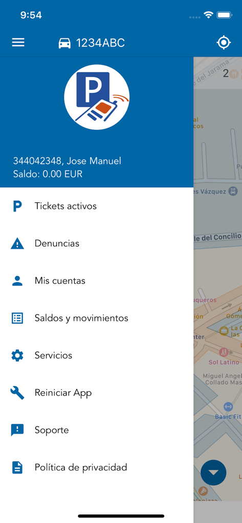 Presto Parking - Menú principal de la aplicación Presto Parking mostrando el saldo de la cuenta y opciones de navegación en español