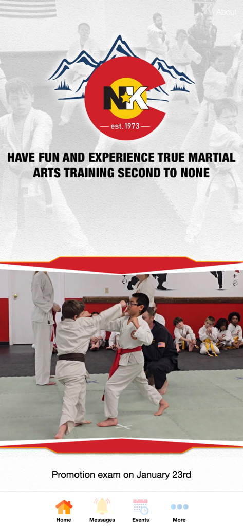 National Karate App - National Karate app home screen featuring the academy logo and children practicing martial arts.