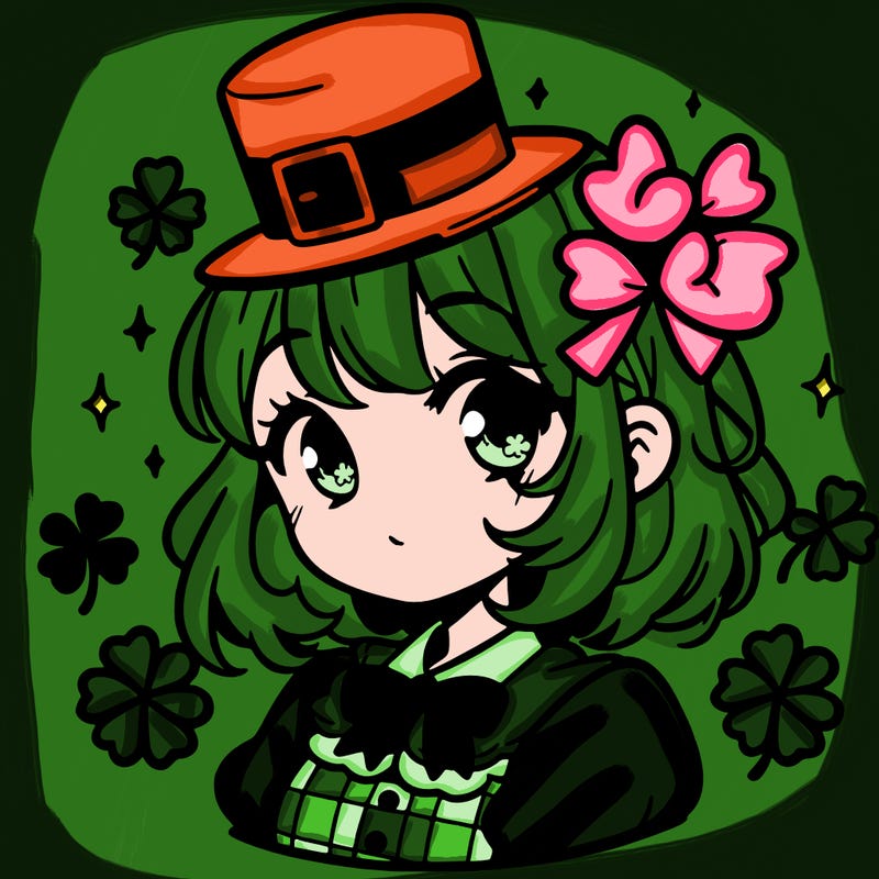 a manga-style girl with clovers around her, a little hat in her hair, like it's saint patrick's day