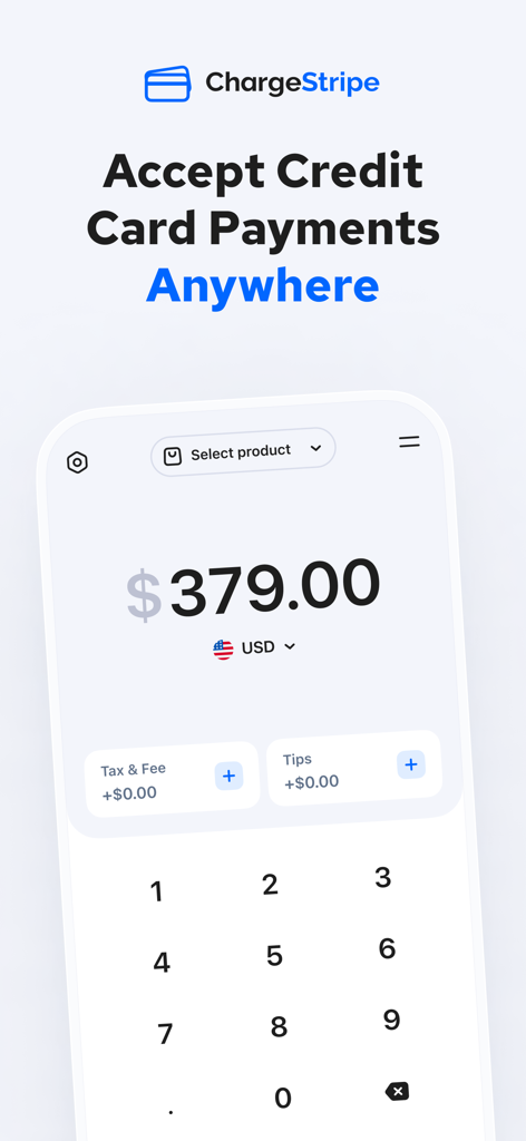 ChargeStripe - Stripe Payments - ChargeStripe mobile app interface showing a numeric keypad for accepting payments