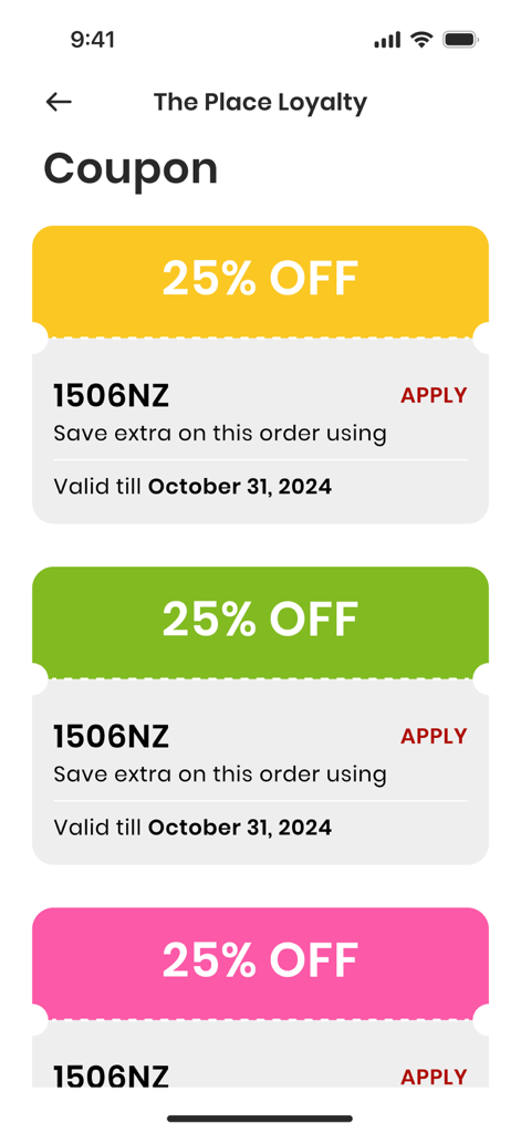 The Place Loyalty - Digital coupons section in The Place Loyalty app showing multiple twenty five percent off discount codes