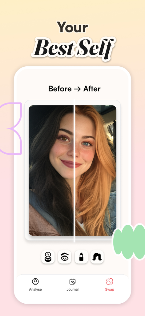 Color Analysis: WhatColors - AI hair color swap simulation showing before and after hair colors