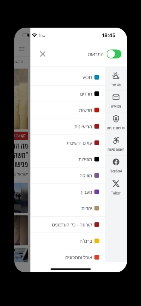 Notification settings and news category selection screen in the Kikar HaShabbat mobile app