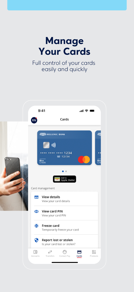 Hellenic Bank mobile app screen showing options to manage cards including freezing cards and viewing PIN details