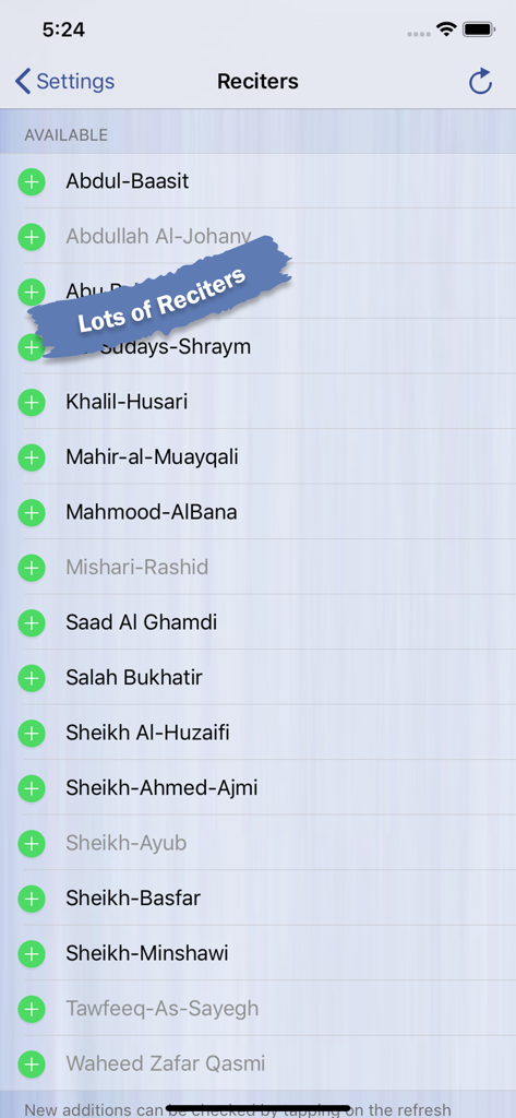 A list of various Quran reciters available for selection in the Quran Explorer app