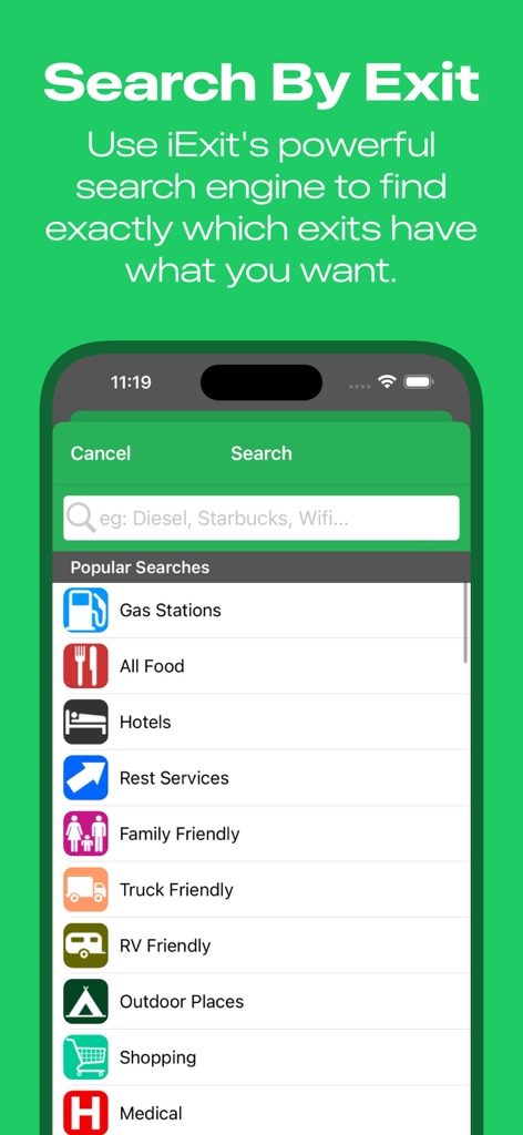 iExit Interstate Exit Guide - iExit app interface showing popular search categories for highway exit amenities such as gas stations food and hotels