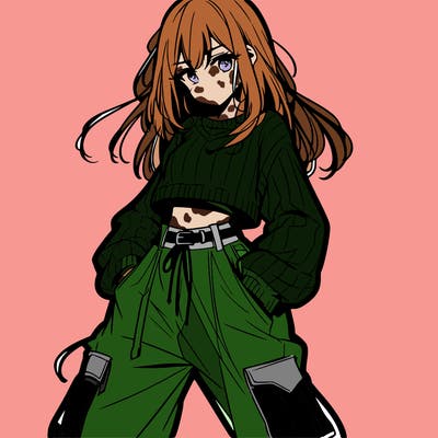anime teen girl with baggy pants and crop top with sweater