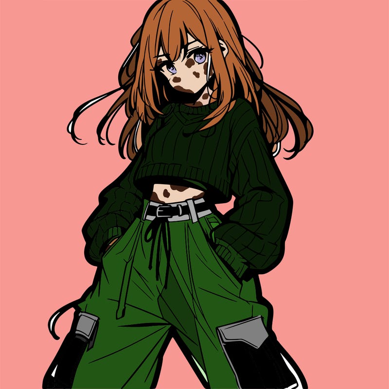 anime teen girl with baggy pants and crop top with sweater