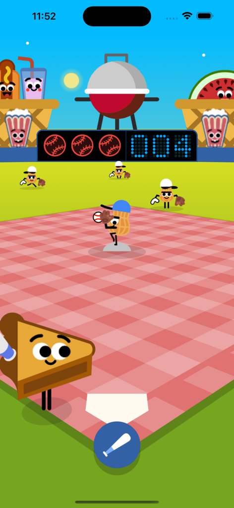 Doodles Baseball Game - Doodle-style baseball game featuring a peanut pitcher and food characters on a picnic-themed field.