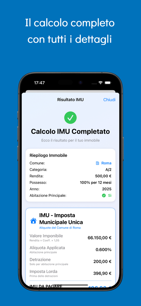 Captura de pantalla de la aplicación IMU Rapida mostrando un cálculo de impuesto sobre la propiedad completado para una vivienda en Roma