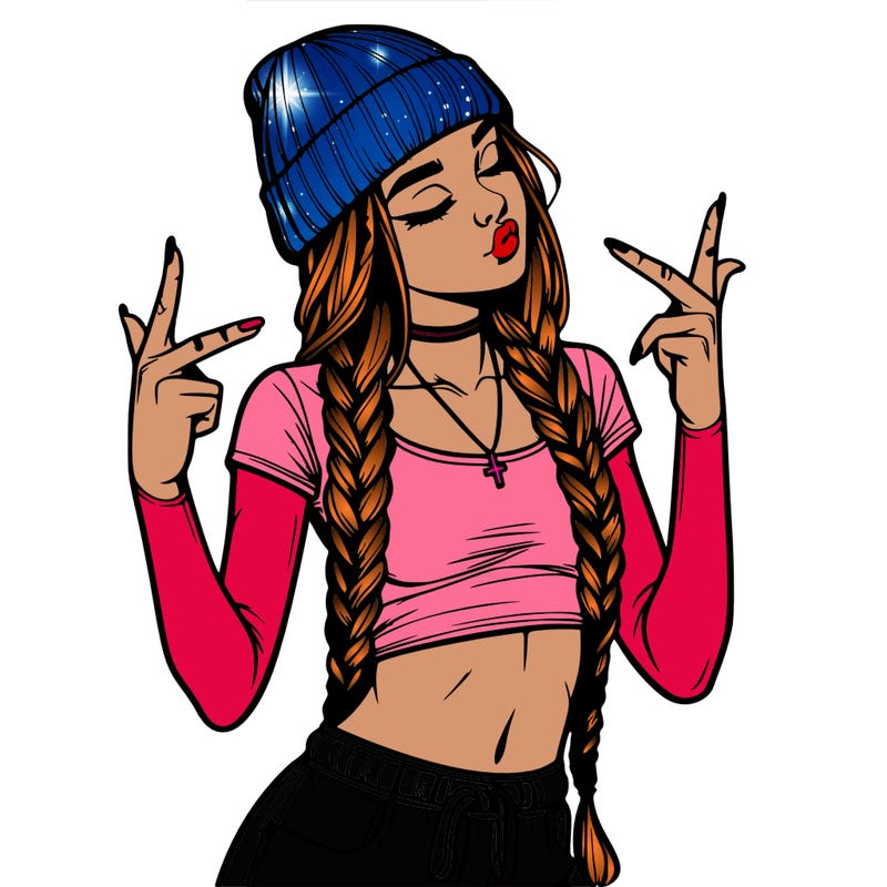 realistic teenage girl with braids and a beanie and crop top doing 🫶🏼