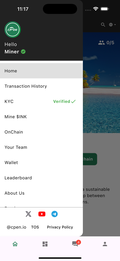 Side menu of the cPen Network mobile app showing navigation options for mining INK and account verification status