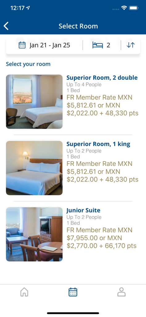 Mobile app interface showing hotel room options with member rates and loyalty points selection