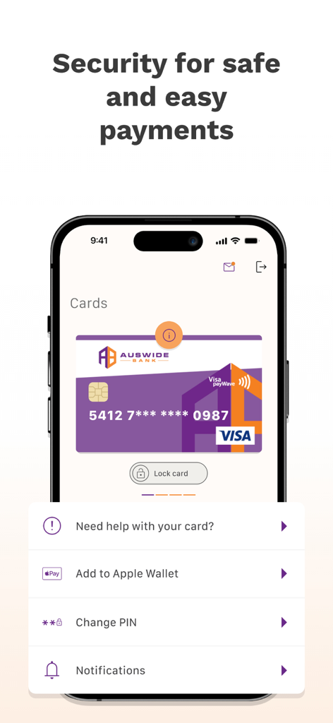Auswide Bank - Interfaccia dell'app Auswide Bank che mostra le impostazioni di sicurezza della carta di debito, inclusi il blocco della carta e le opzioni di modifica del PIN.