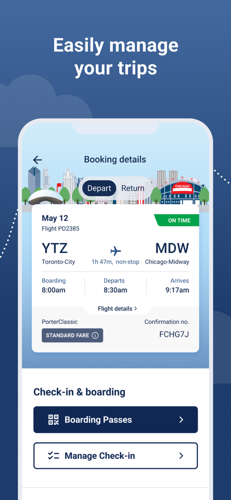 Porter Airlines - Porter Airlines App-Oberfläche mit Flugbuchungsdetails und Check-in-Optionen
