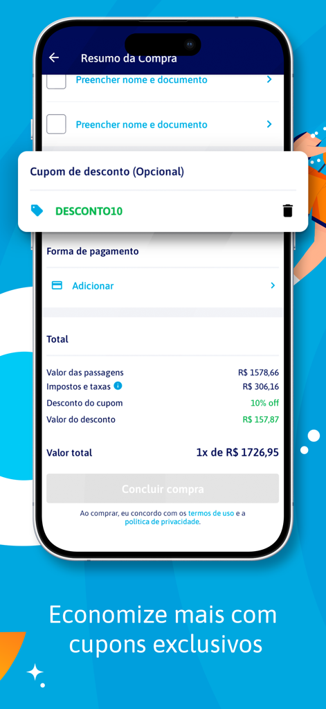 Buson: Passagens de ônibus - Buson app checkout screen showing a purchase summary with a 10 percent discount coupon applied to the total ticket price.