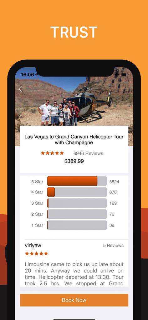 신뢰 제목 아래 그랜드 캐니언 앱의 헬리콥터 투어 등급 및 고객 리뷰를 표시하는 스크린샷