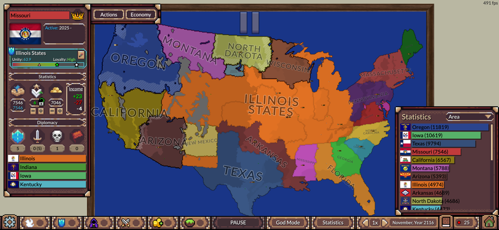 Ages of Conflict World War Sim - Screenshot di gioco di Ages of Conflict World War Sim che mostra una mappa personalizzata degli Stati Uniti con confini e statistiche fittizi.