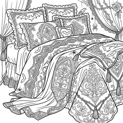 Explore the captivating details of a Gothic bedchamber with this intricate coloring page. Adorned with Victorian lace, roses, and bats, this bedding design offers a uniquely dark and elegant artistic challenge.
