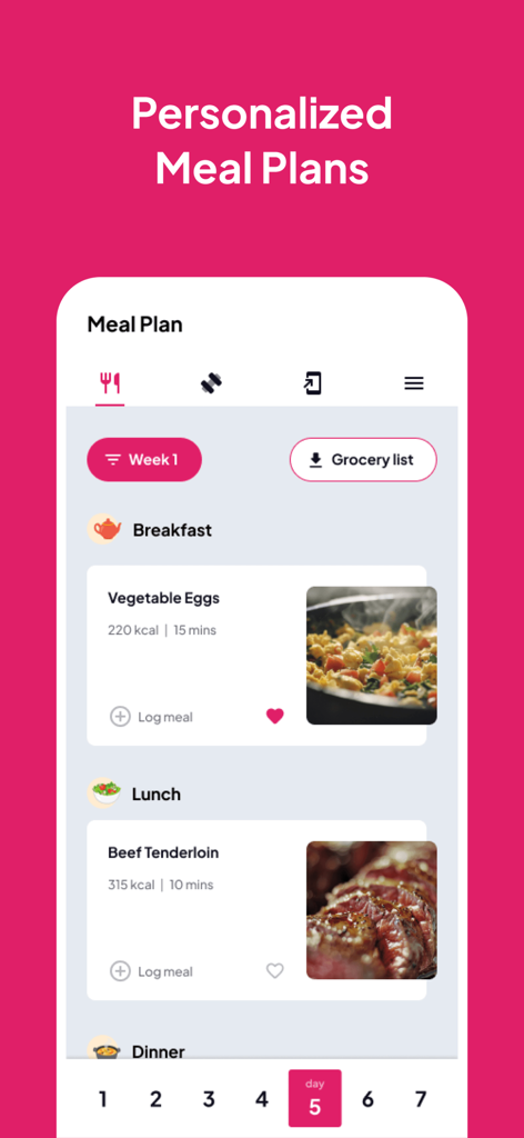 Benutzeroberfläche für personalisierte Ernährungspläne in der xForFit-App mit gesunden Frühstücks- und Mittagsoptionen und Kalorienangaben