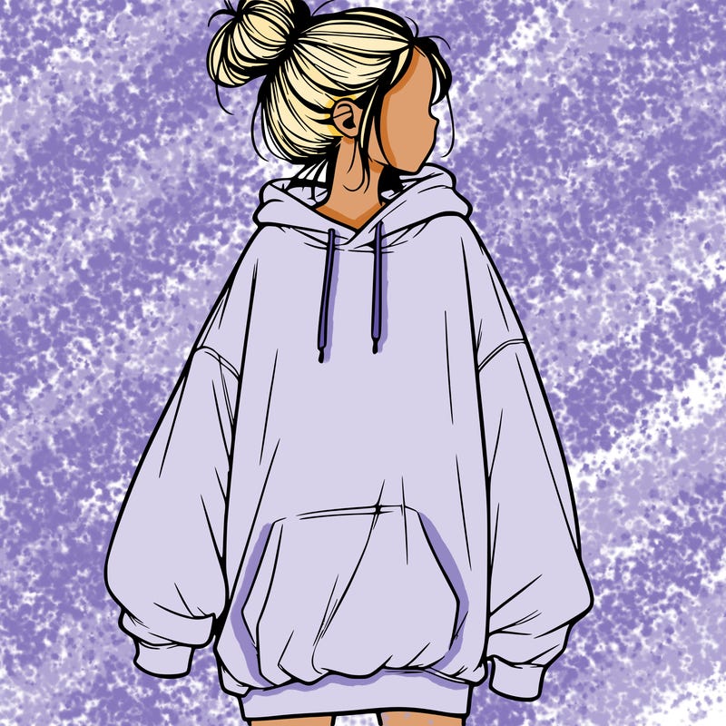 realistic girl with a oversized sweatshirt on and a bun