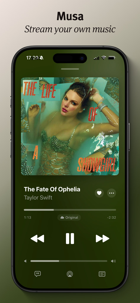 Musa Player - Pantalla "Reproduciendo ahora" de la aplicación Musa Player mostrando la carátula del álbum y los controles de reproducción en un iPhone.