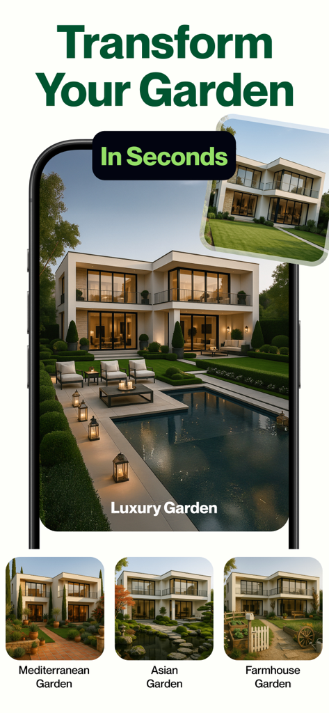 AI Garden Design app showing a luxury garden transformation with a pool and different design options like Mediterranean and Asian styles