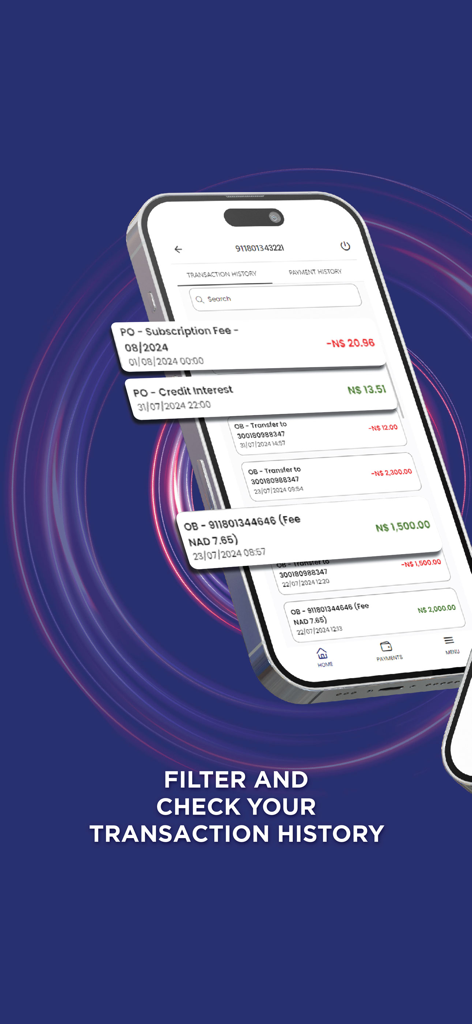 MyNamPost Banking - MyNamPost Banking app showing transaction history details on a smartphone screen