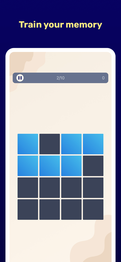 Brain & Mind  IQ Games, Quests - Captura de pantalla de un juego de entrenamiento de memoria basado en cuadrícula en la aplicación Brain and Mind.