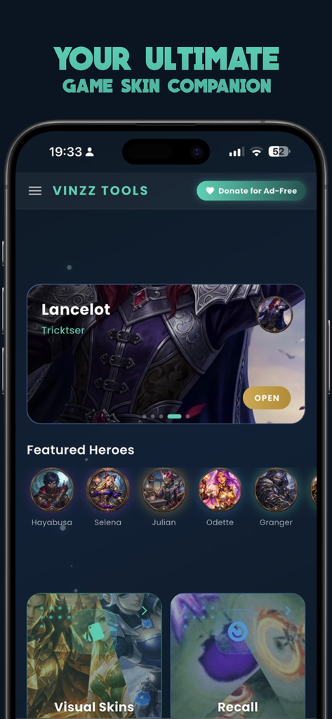 Vinzz Tools GFX - Vinzz Tools GFX mobile app interface displaying featured heroes and skin categories.