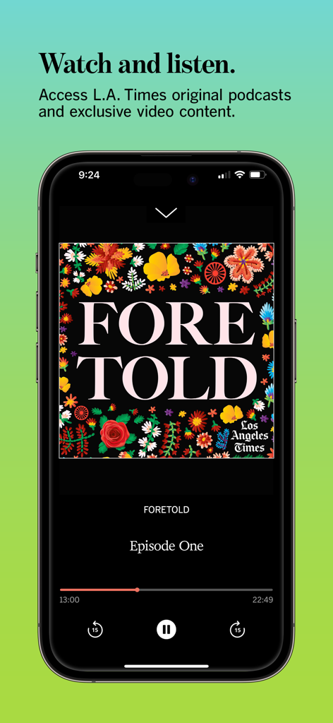 iPhone screen displaying the LA Times app podcast player for original series