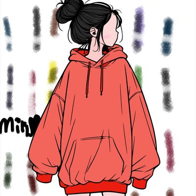 realistic girl with a oversized sweatshirt on and a bun