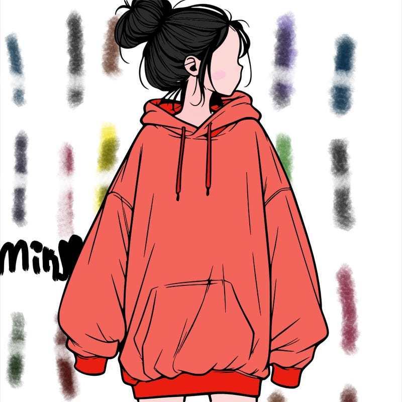 realistic girl with a oversized sweatshirt on and a bun