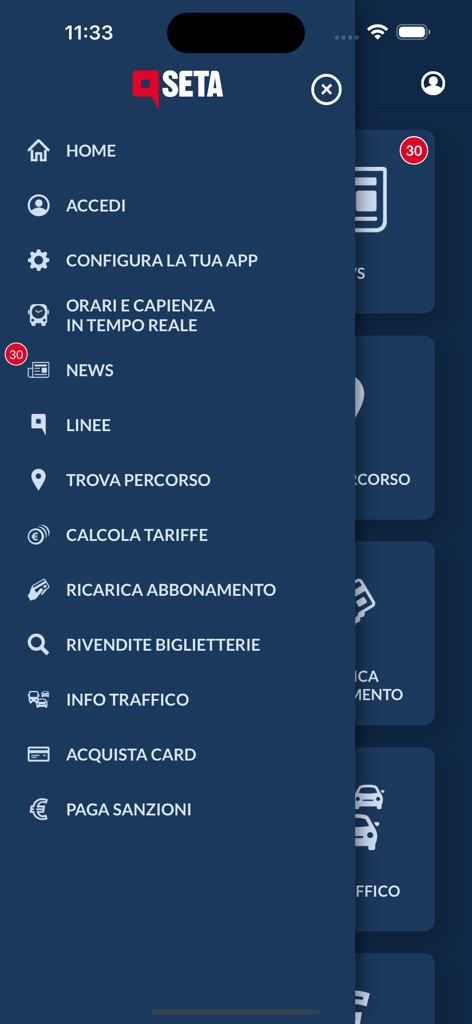 SETA - Menu di navigazione laterale dell'app di trasporto pubblico SETA con opzioni di utilità.