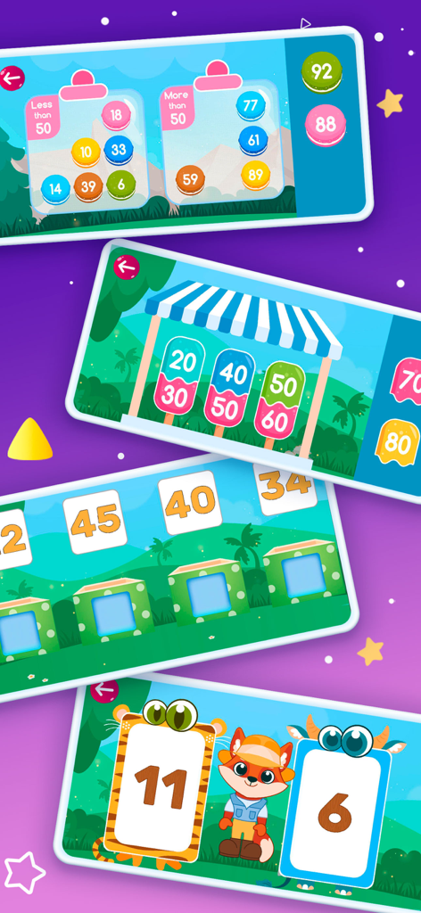 Learn Numbers: Math Kids Games - A collage of screenshots from the Binky Math app showing various educational math games for young children including number sorting and counting activities