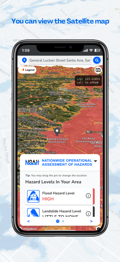 UP NOAH - Interface do aplicativo UP NOAH mostrando um mapa de satélite com um alerta de alto nível de perigo de inundação.