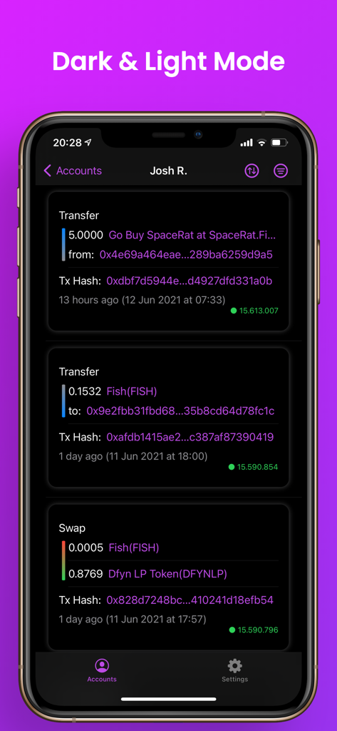 Polygon Chain Explorer mobile app displaying a list of crypto transactions in dark mode.