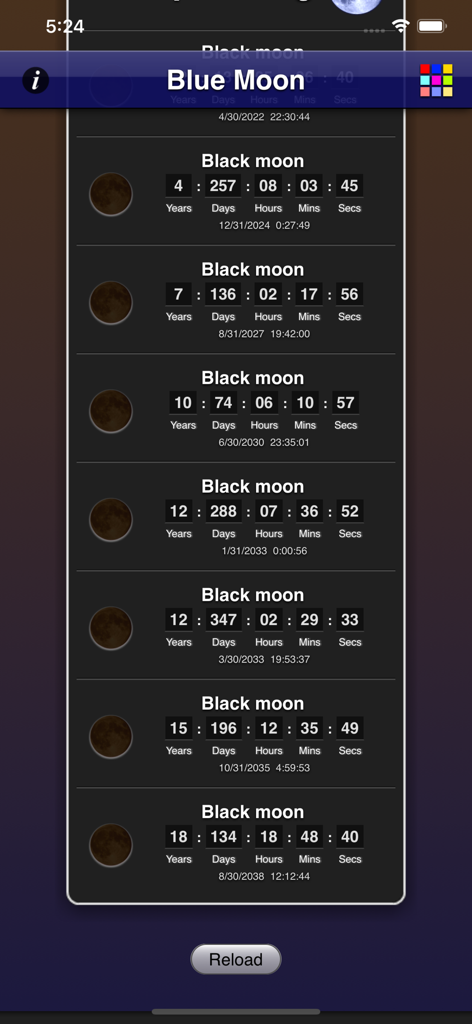 A list of upcoming black moon events with specific countdown timers for years, days, and hours.