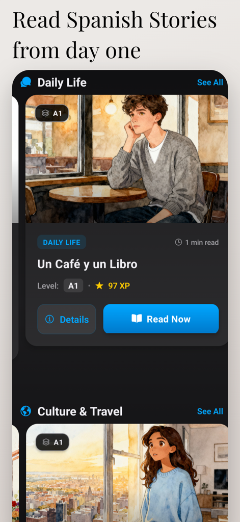 Inklingo: Spanish Stories - Interface do aplicativo Inklingo mostrando histórias ilustradas em espanhol categorizadas por vida cotidiana e viagens com nível de dificuldade A1