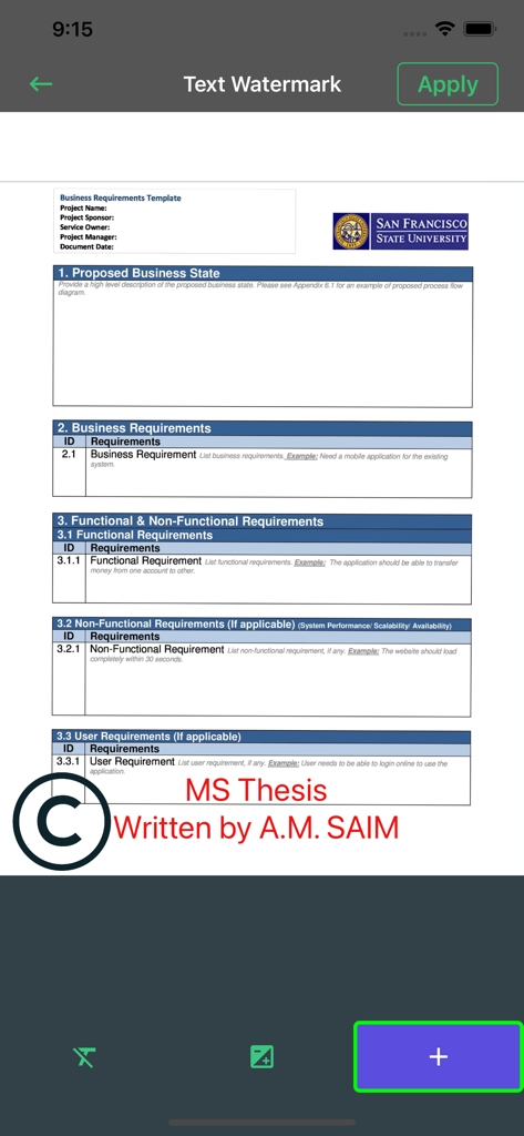 Interface de l'application Genius PDF montrant comment ajouter un filigrane de texte personnalisé à un document