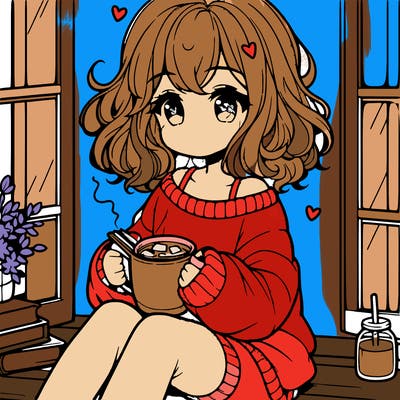 cute anime girl reading book and drinking hot chocolate from mug with loose wavy hair wearing a baggy sweatshirt and shorts sitting by windowsill looking out